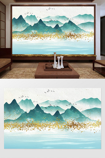 新中式手绘质感意境山水电视背景墙图片