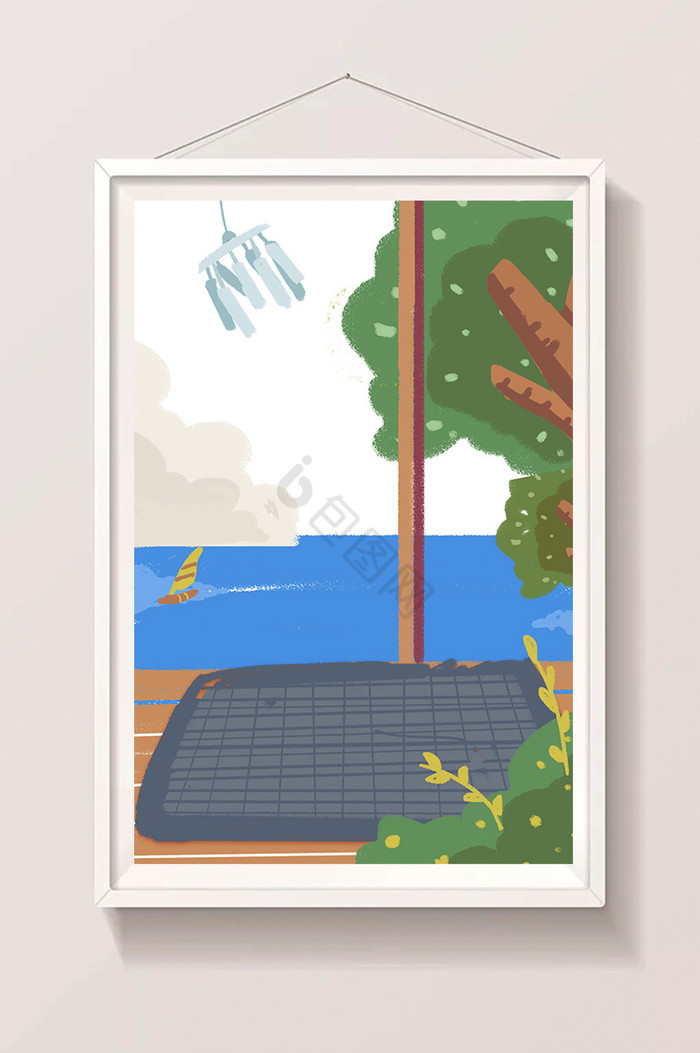 窗外河流树木插画图片