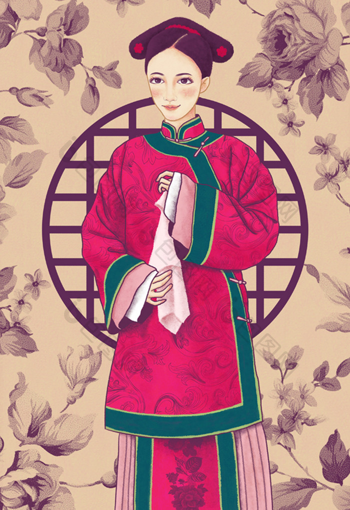 复古中国风传统文化清朝美女服饰插画