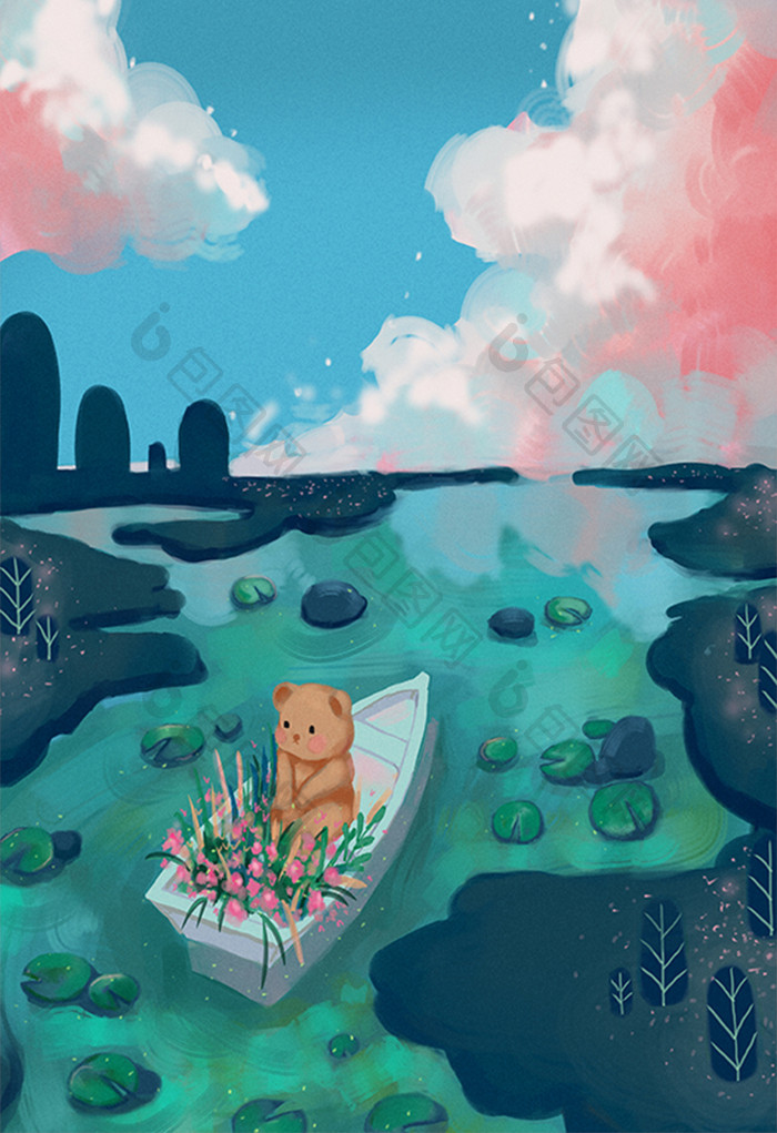 绿色小溪边唯美小熊乘船插画