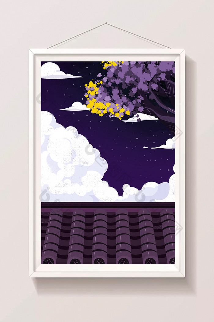 紫色夜晚屋檐大树风景