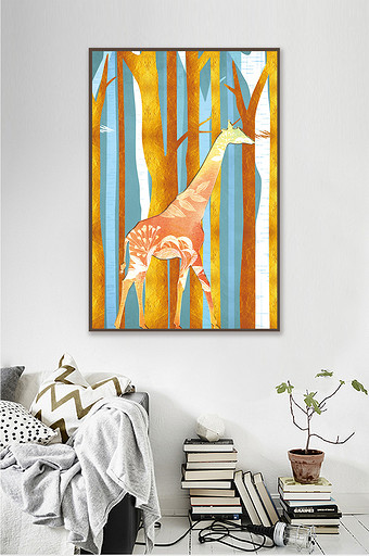 现代简约北欧风质感金箔丛林鹿装饰画图片