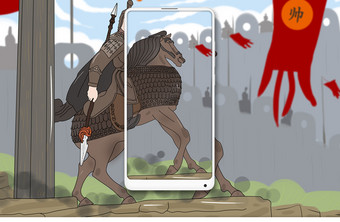 复古中国文化骑兵将军手绘插画图片