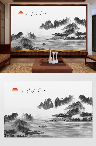 新中式唯美意境风景山水水墨画电视背景墙图片