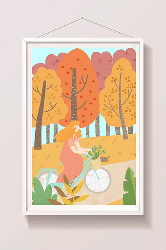 立秋的早晨女孩公园里骑单车手绘插画图片