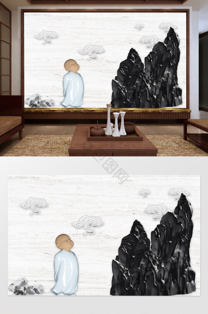 新中式浮雕立体假山禅意电视背景墙图片