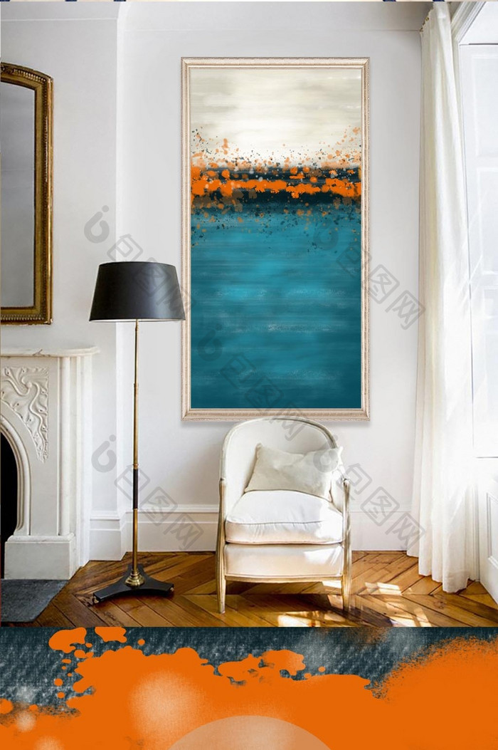 北欧简约蓝橙抽象油画玄关装饰画