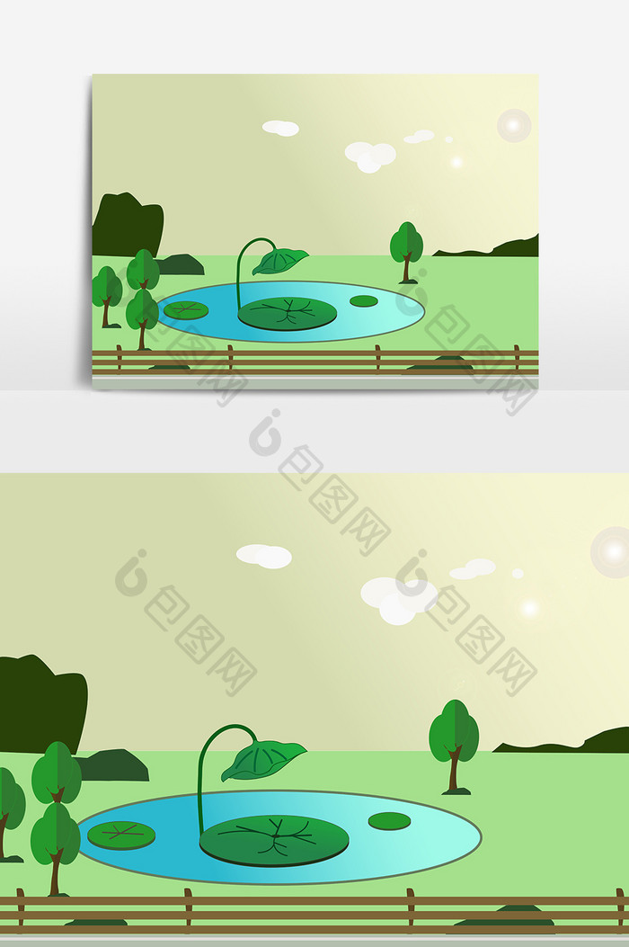 卡通手绘扁平荷叶池塘元素图案
