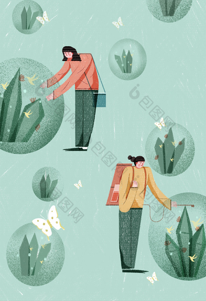 研究人员观察植物插画图片