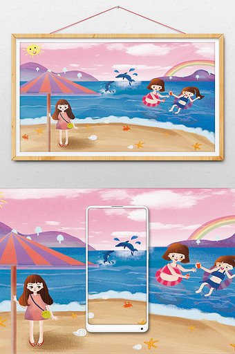 暑假沙滩海边戏水插画图片