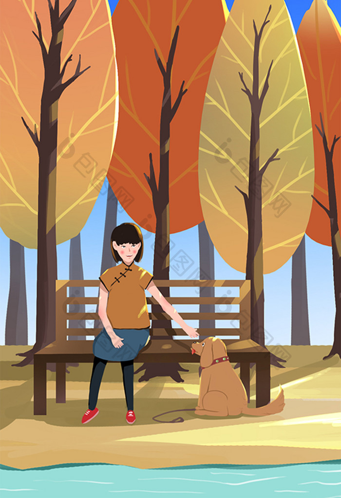 温馨黄色树林长凳遛狗的女孩小河立秋插画