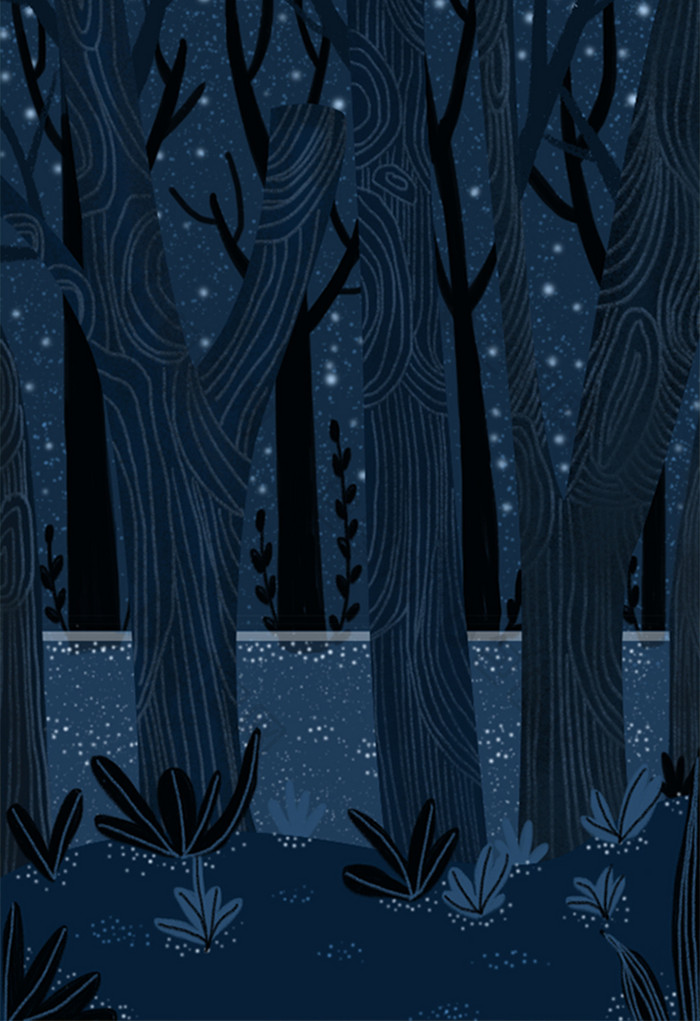 深夜丛林唯美手绘风格竖版插画背景