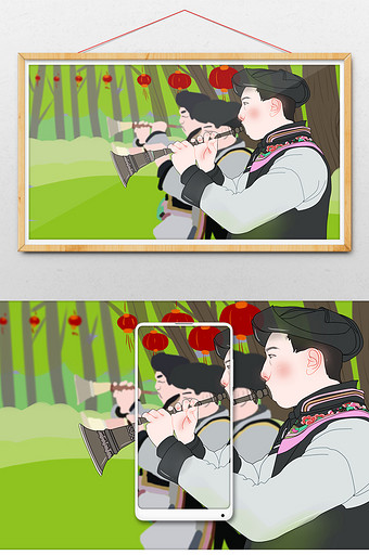 中国传统文化吹唢呐手绘插画图片