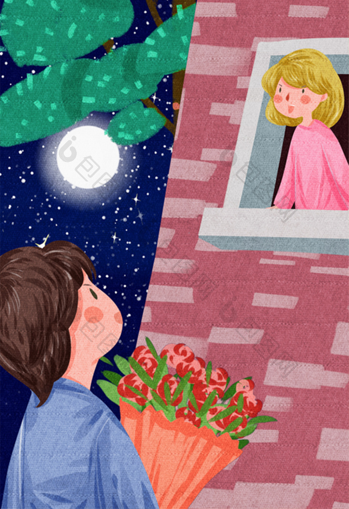 深夜晚情人节约会送花求爱插画图片-包图网