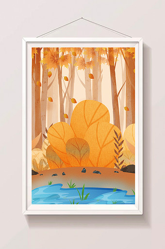 卡通手绘秋天树林小河图片