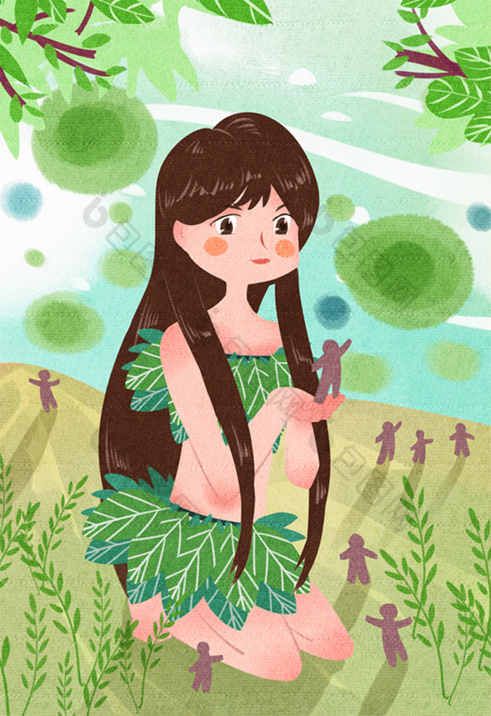 绿色中国传统文化之女娲造人插画