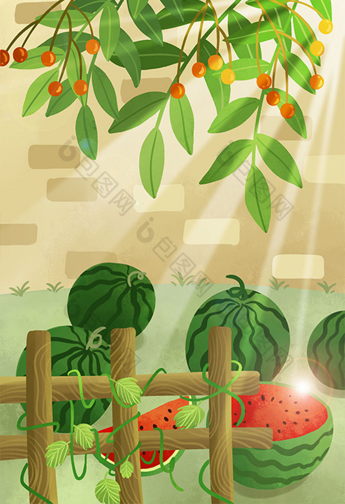 西瓜背景相似卡通图片推荐夏天女孩出行歇息长椅吃西瓜插画图片立即