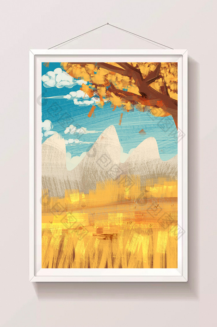 手绘卡通水彩秋天风景高山