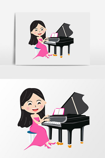 Q版可爱卡通弹钢琴少女图片