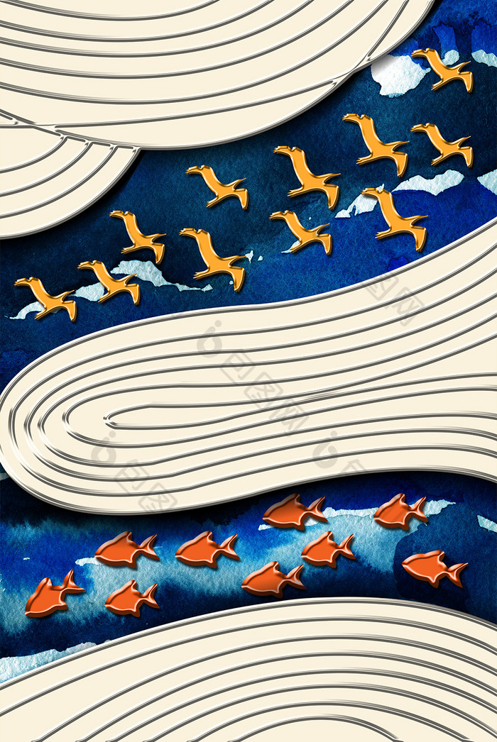 新中式立体飞鸟和鱼客厅装饰画