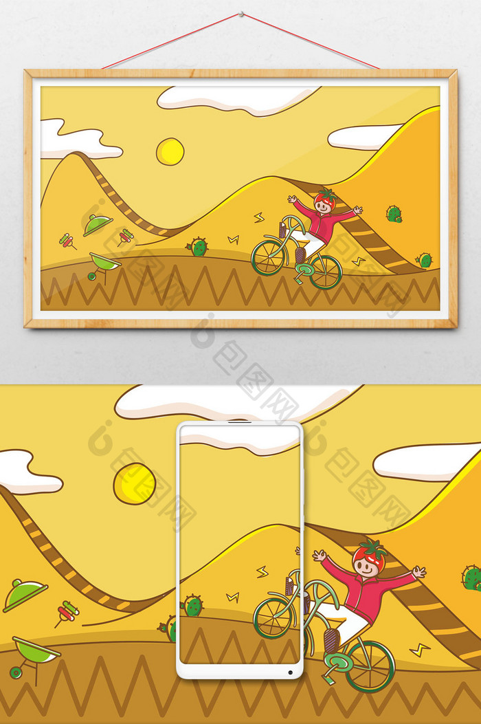 黄色卡通扁平在沙漠骑自车的西红柿人物插画