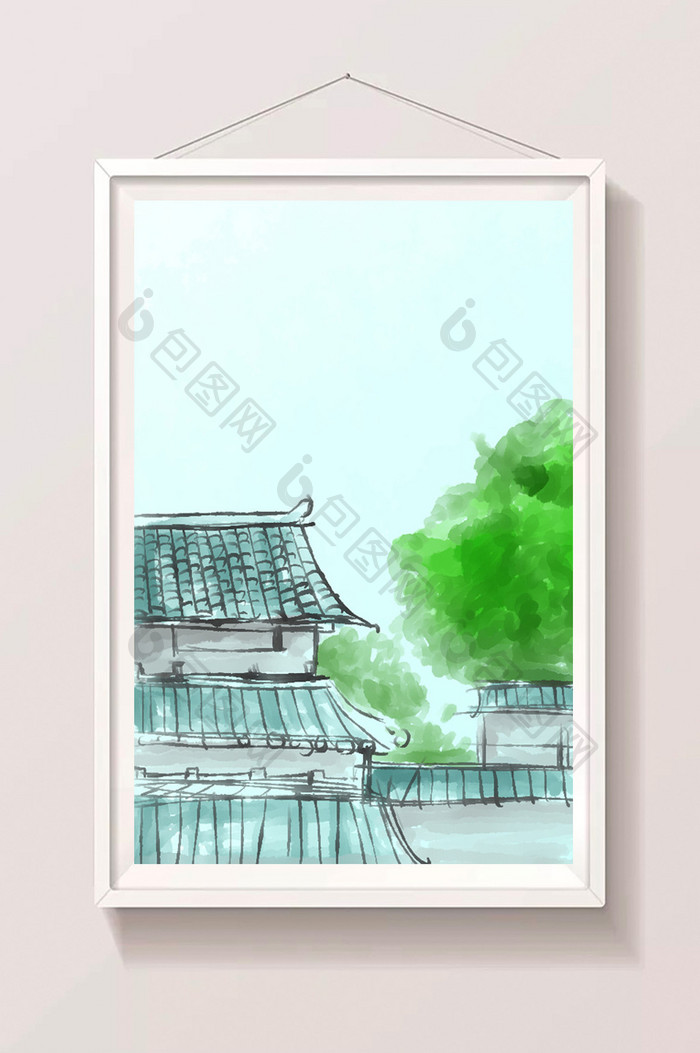 唯美水墨古建筑手绘插画背景