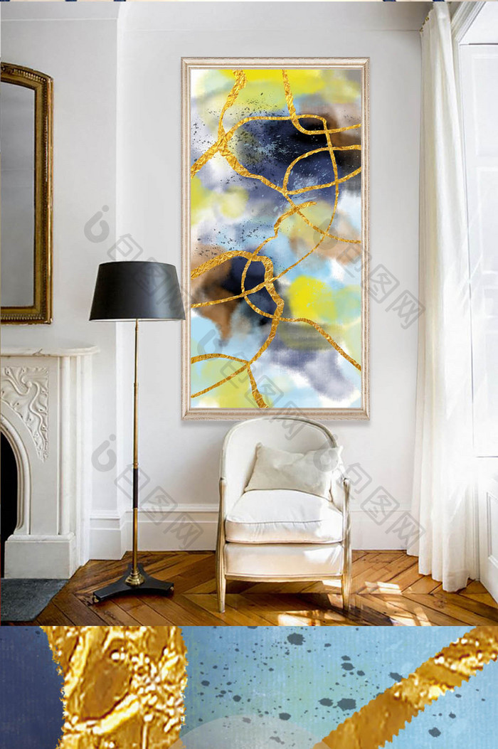北欧金色现代抽象油画玄关背景装饰画