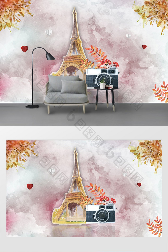 现代简约水彩手绘巴黎城市建筑电视背景墙