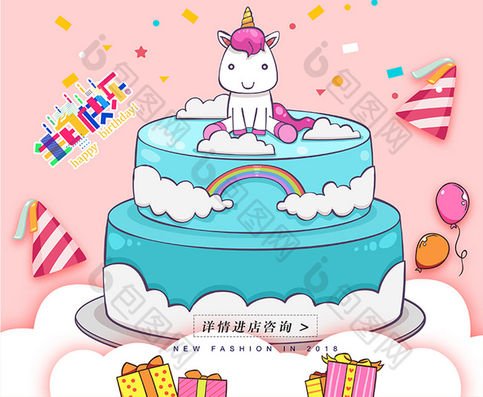 卡通创意生日快乐卡通生日蛋糕促销海报