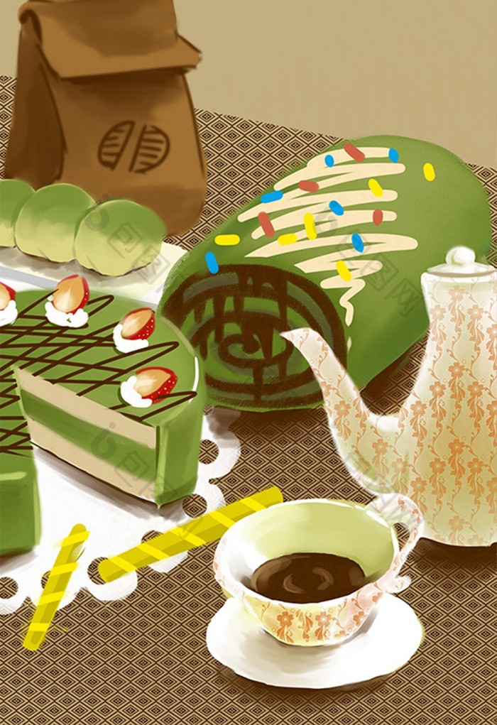 绿色抹茶美食插画