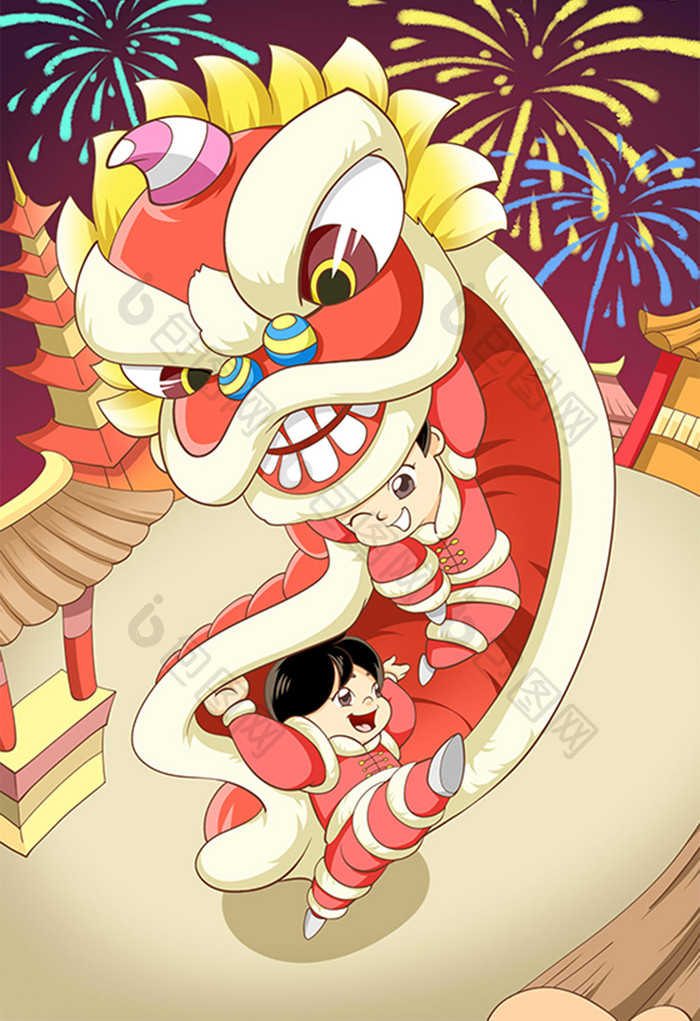 中国传统文化舞狮手绘插画
