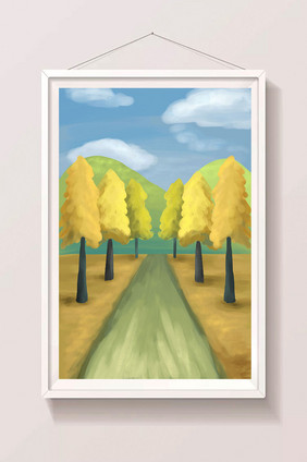 黄色立秋公路风景树林银杏海报手绘背景插画