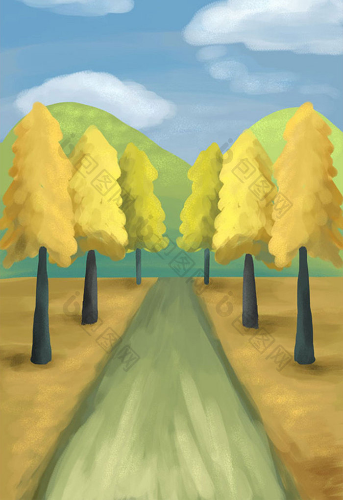 黄色立秋公路风景树林银杏海报手绘背景插画