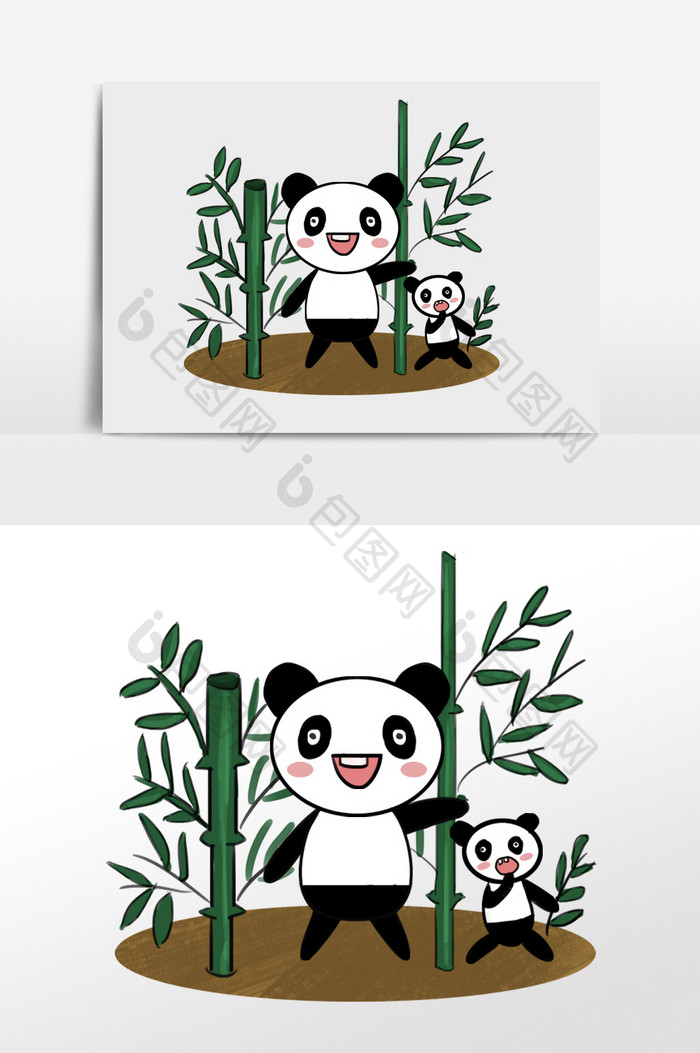 黑白绿手绘卡通大熊猫插画