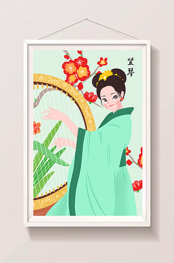 古风小清新弹竖琴古装美女插画图片