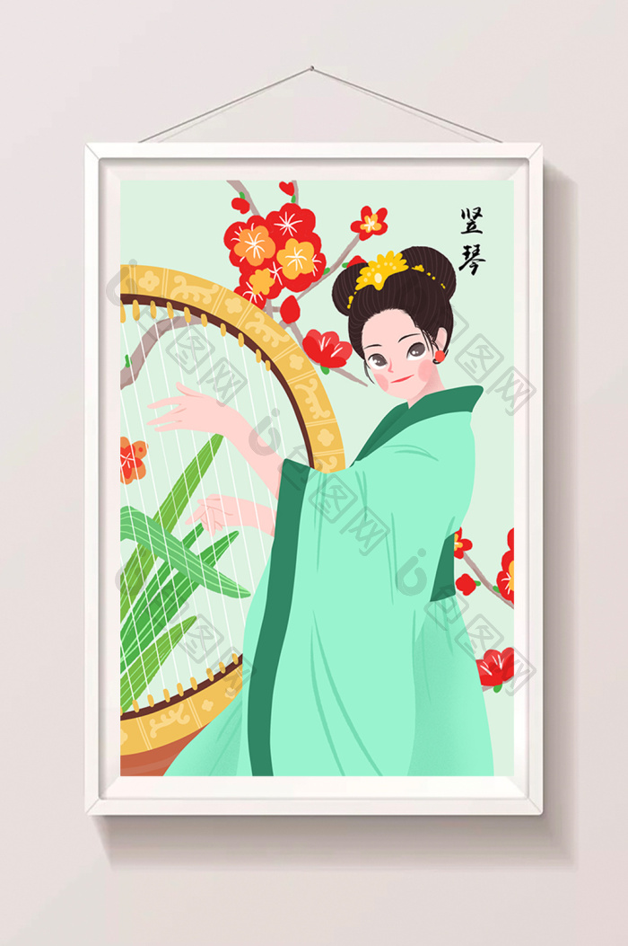 古风弹竖琴古装美女插画