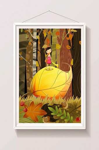 立秋节气金黄色树叶手绘插画图片