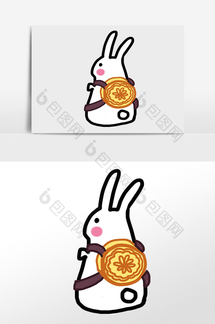 手绘中秋节小白兔背月饼插画元素