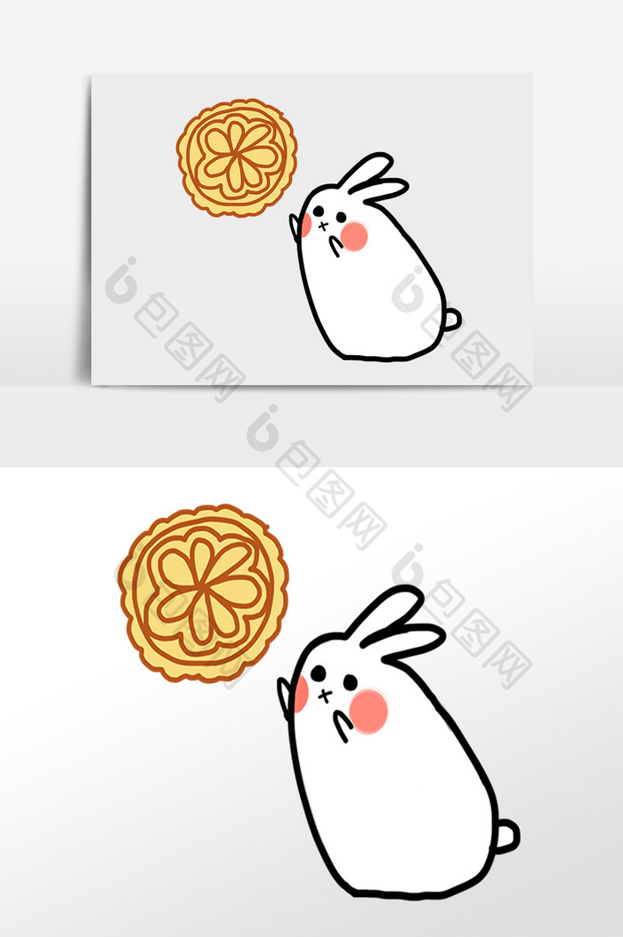 手绘中秋月饼小白兔插画元素