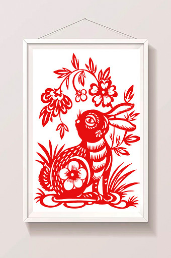 中国传统十二生肖兔剪纸插画图片
