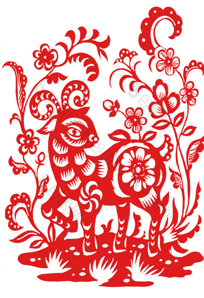 中国传统十二生肖剪纸羊插画