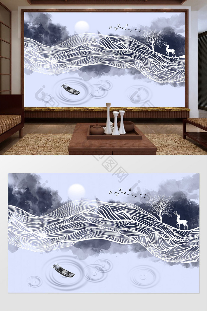 新中式抽象写意山水水墨背景壁画