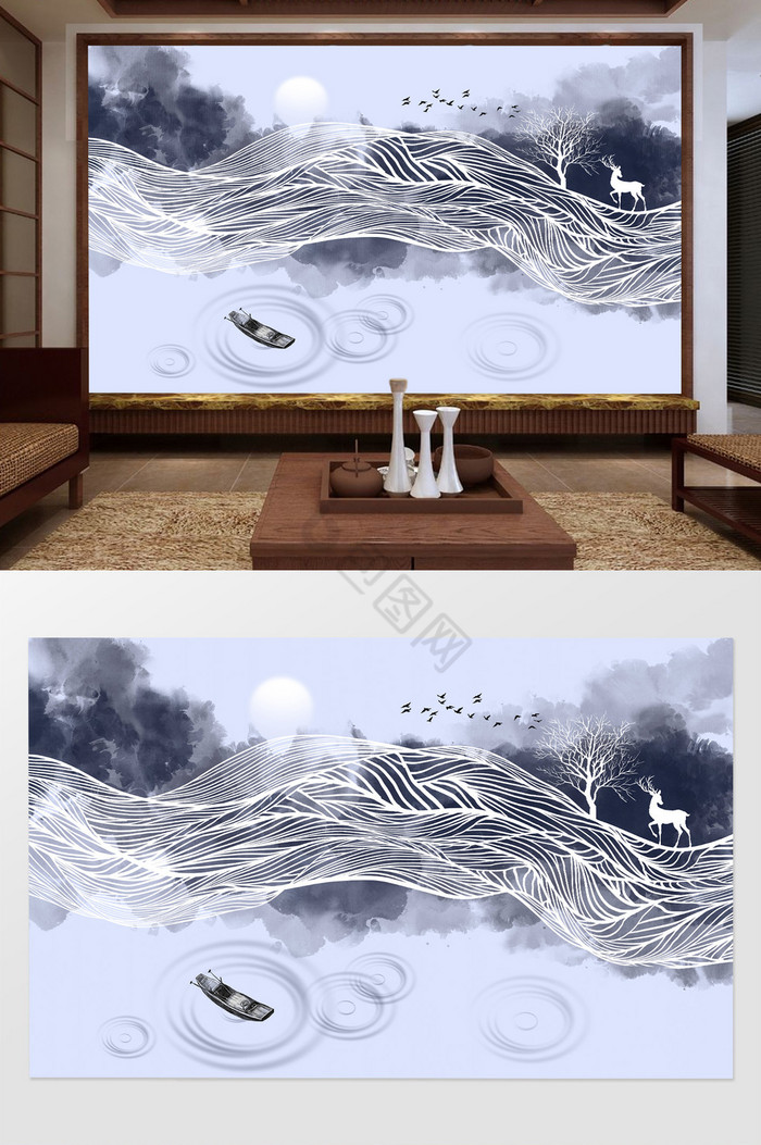 新中式抽象写意山水水墨背景壁画图片