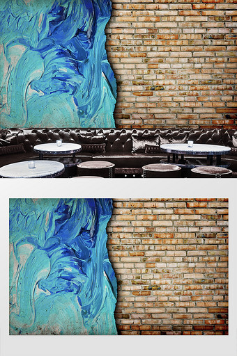 立体砖墙抽象蓝色涂鸦工装背景墙装饰定制图片
