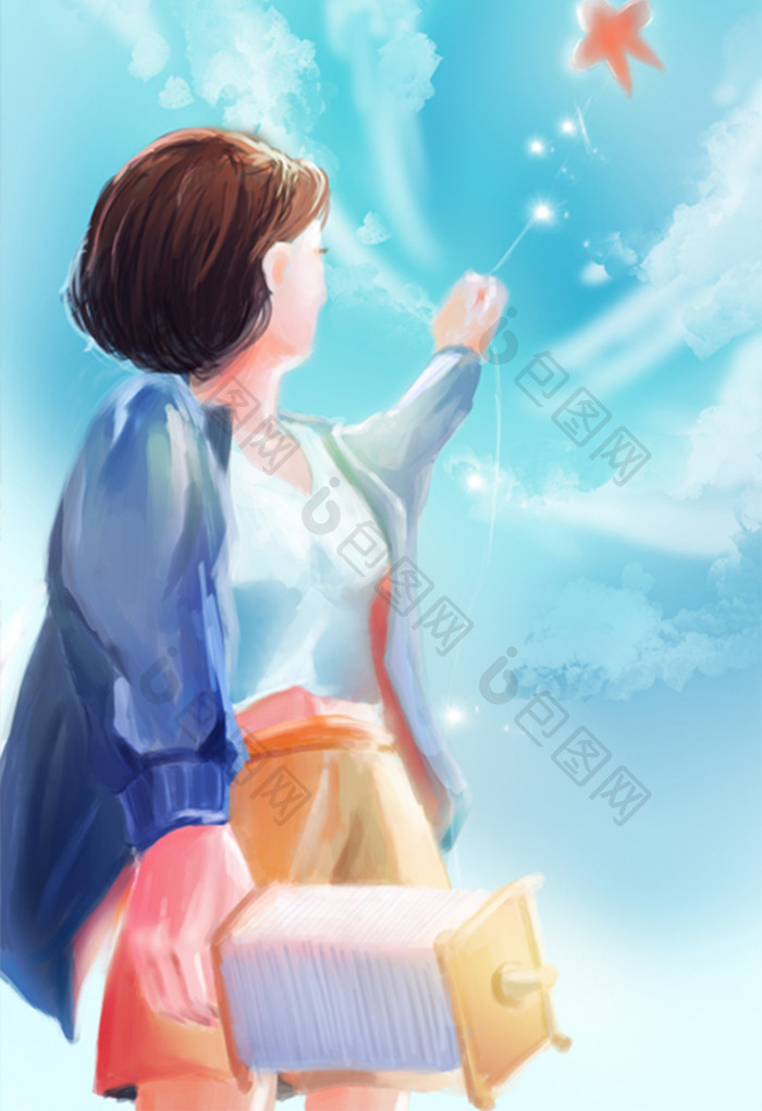 清新写实唯美放风筝的女孩插画