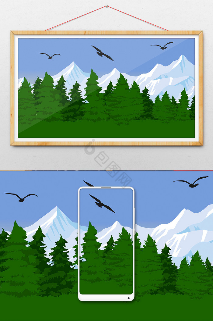 夏天森林雪山风景插画