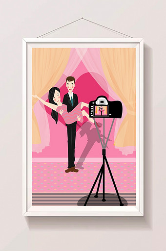 粉色拍摄情侣公主抱插画图片