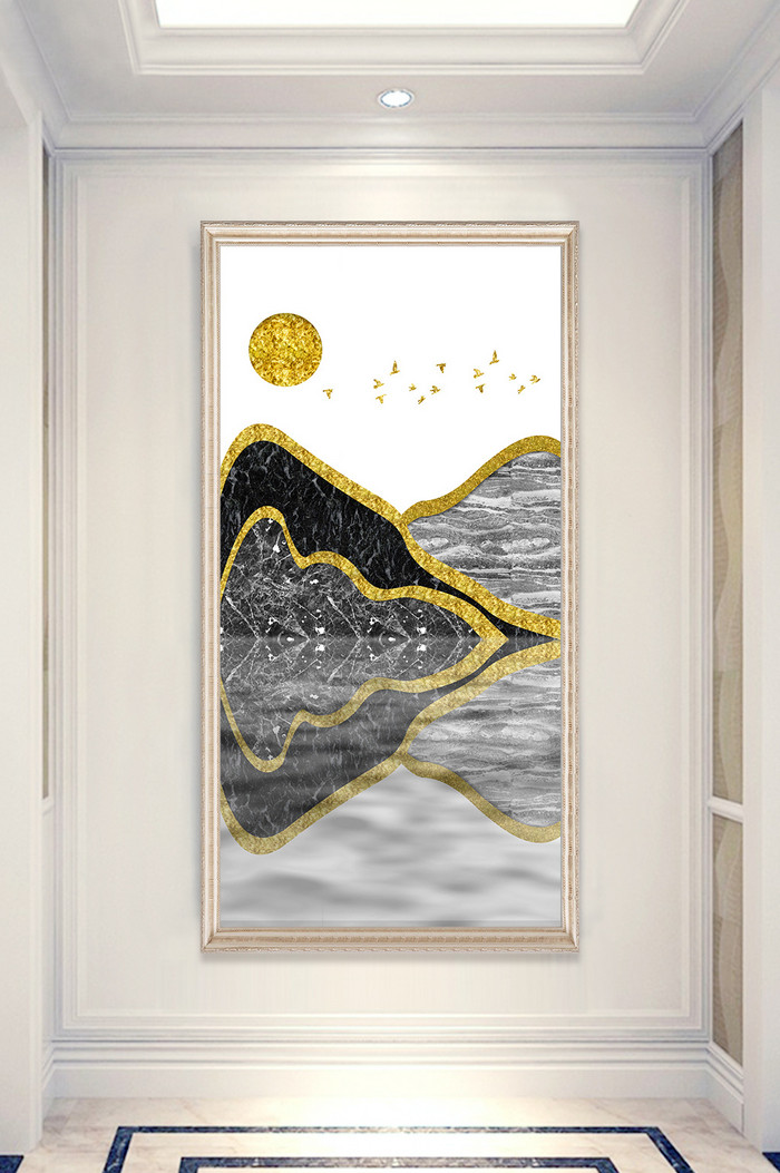 新中式抽象水墨山水金色玄关图片
