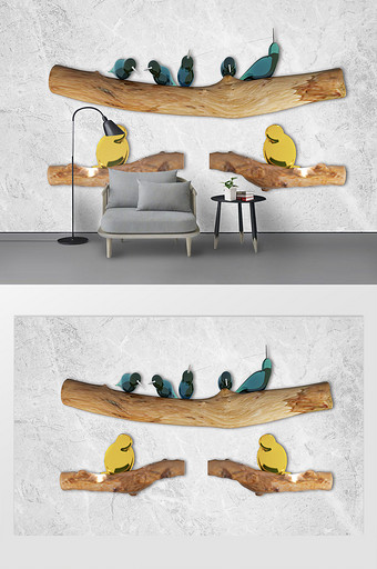 3D立体浮雕树枝小鸟背景墙图片