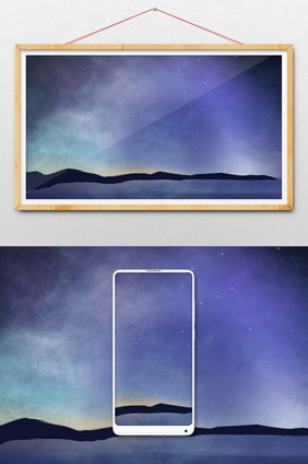 梦幻极光银河夏夜湖面星空背景插画